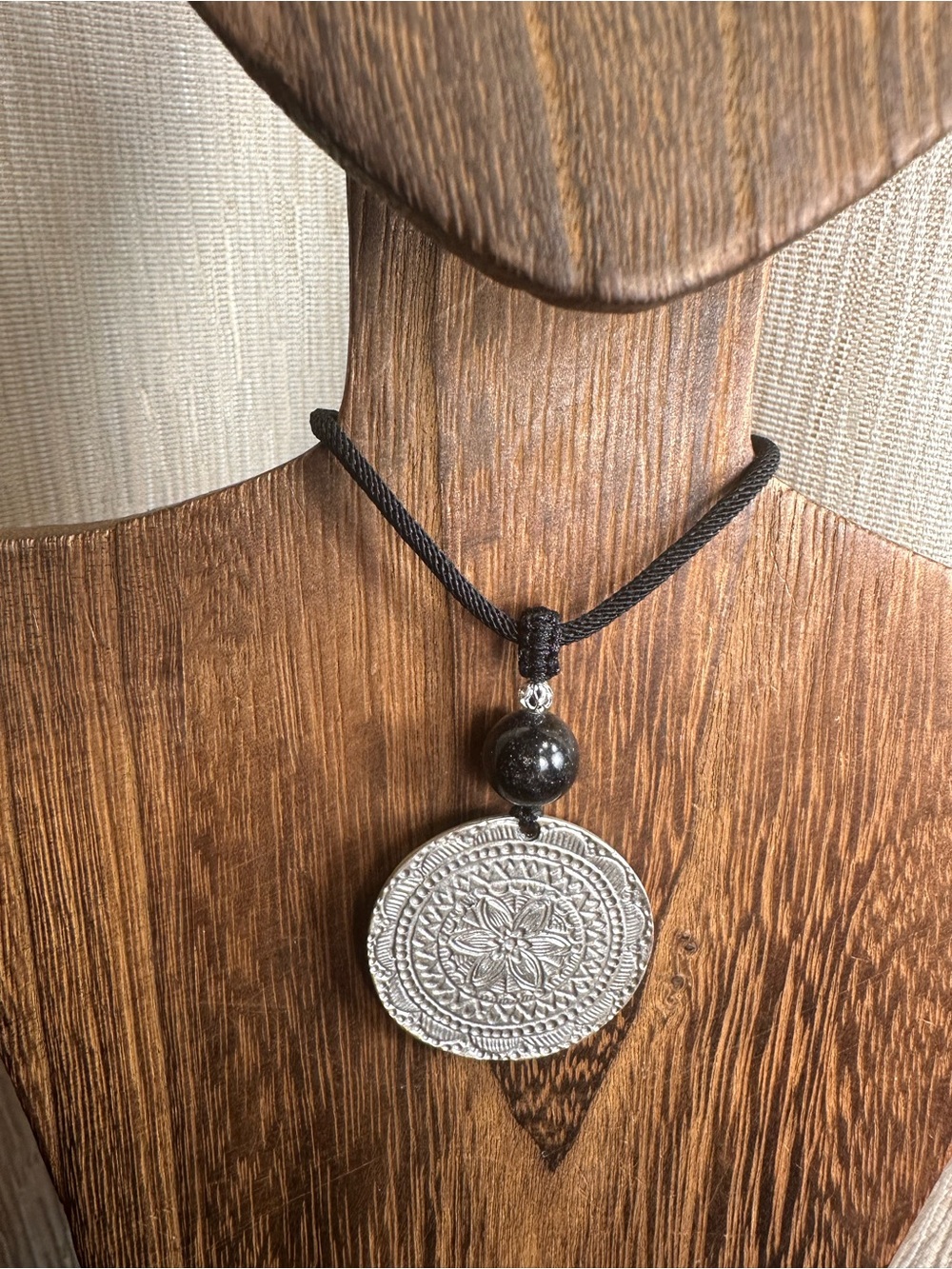 Silver Plated Mandala Medallion Pendant Necklace with Quartz in Black Rope